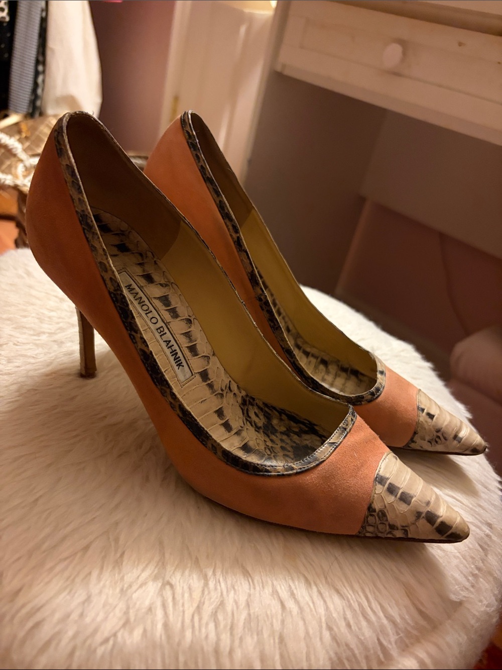 Manolo Blahnik Pink Suede Pumps with Snakeskin Trim